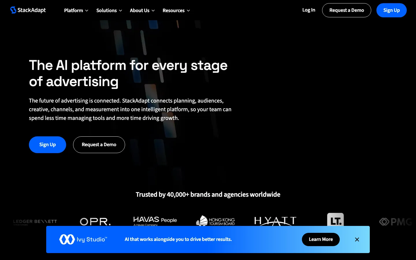StackAdapt homepage describing an AI platform for every stage of advertising
