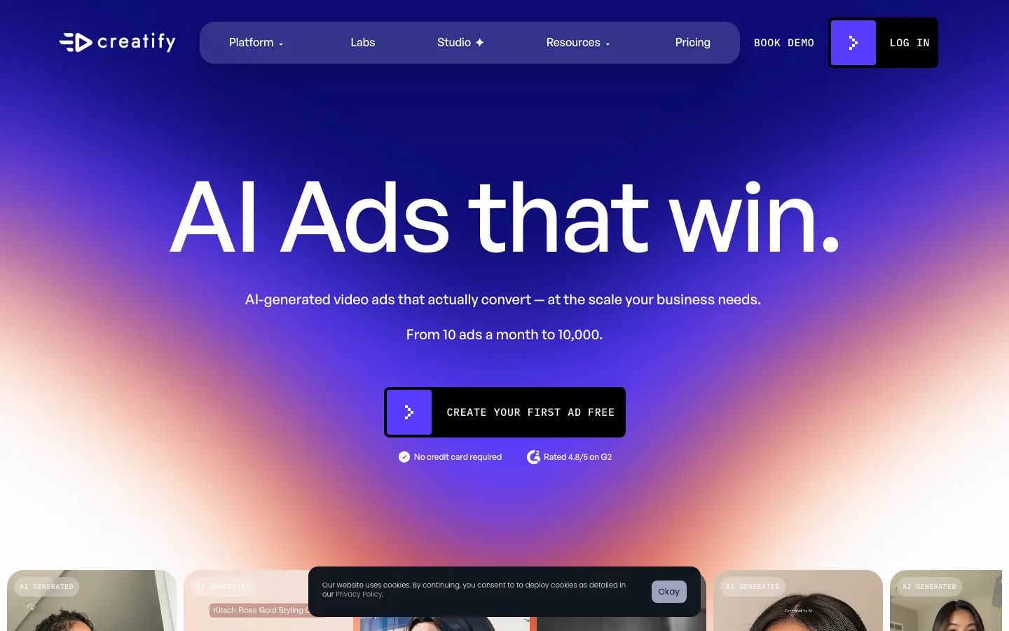 Creatify homepage, AI-generated video ads at scale