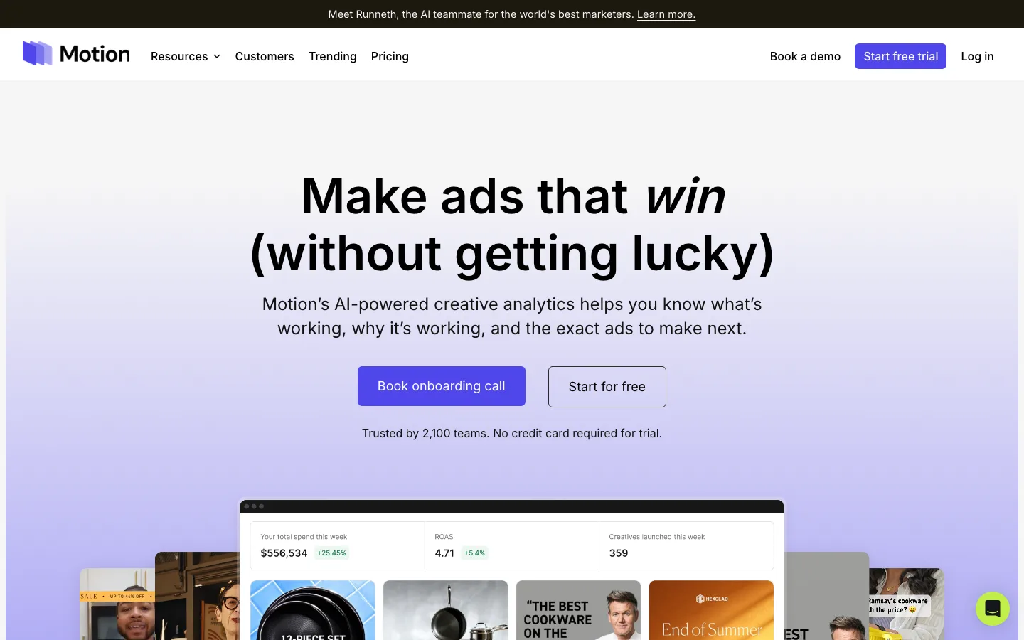 Motion homepage, AI-powered creative analytics for growth and creative teams