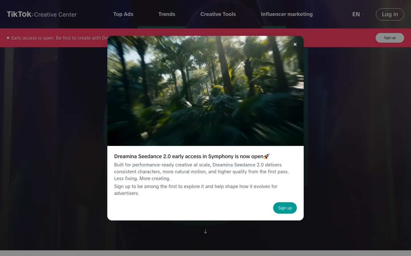 TikTok Creative Center homepage with the Symphony early-access banner and Top Ads, Trends and Creative Tools menus