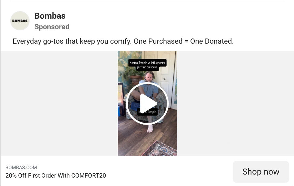 Hook card: Bombas ad headline reading 20 percent off first order with code COMFORT20, an example of a new-customer offer hook