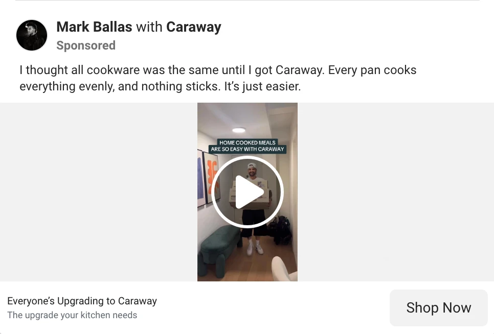 Hook card: Caraway ad headline reading Everyone's Upgrading to Caraway, an example of a bandwagon social-proof hook