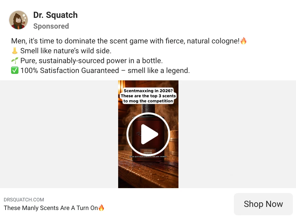 Hook card: Dr. Squatch ad headline reading These Manly Scents Are A Turn On, an example of an identity and desire hook