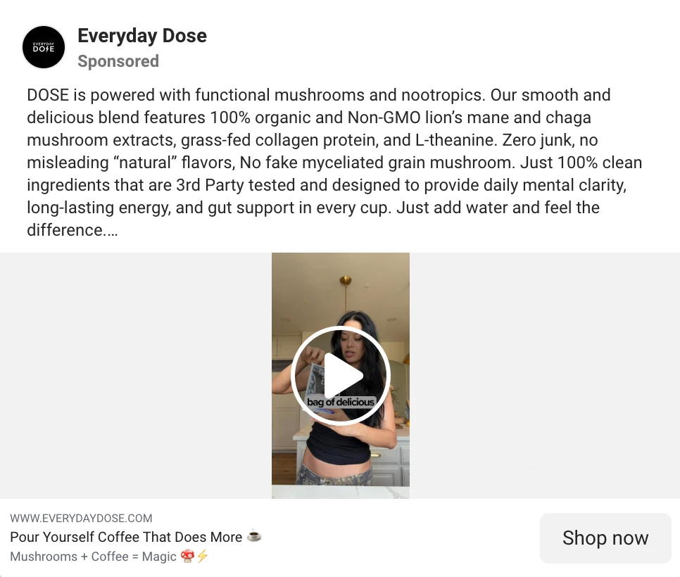 Hook card: Everyday Dose ad headline reading Pour Yourself Coffee That Does More, an example of a benefit-led hook