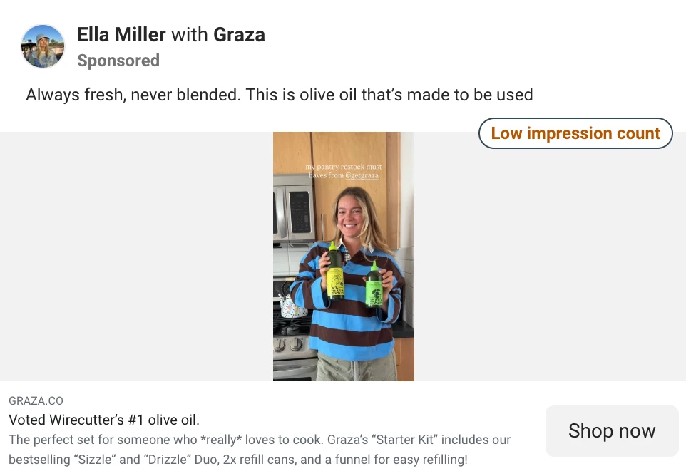 Hook card: Graza ad headline reading Voted Wirecutter's number one olive oil, an example of a third-party authority hook