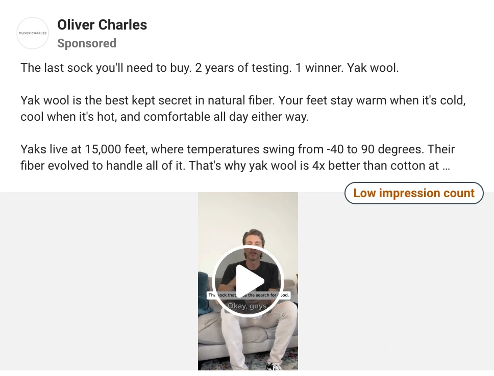 Oliver Charles Meta ad opening with The last sock you'll need to buy, 2 years of testing, 1 winner, Yak wool
