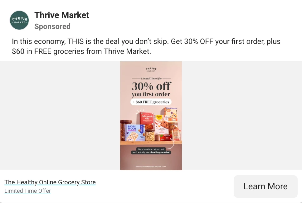Hook card: Thrive Market ad headline reading The Healthy Online Grocery Store, an example of a category-claim hook