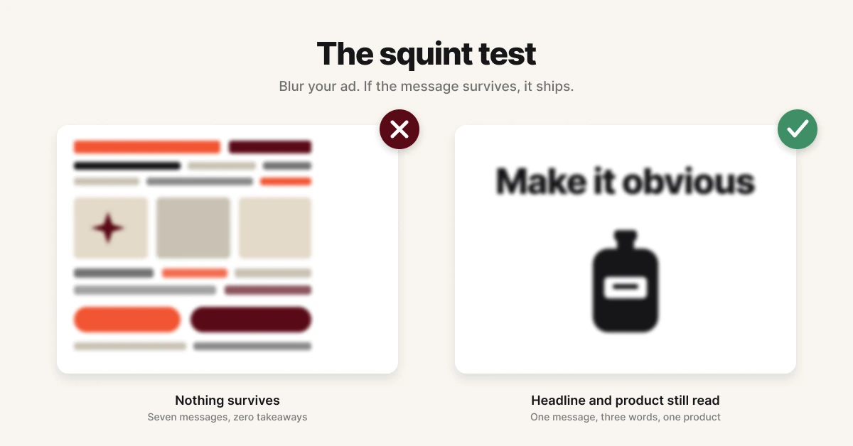 Squint test comparing cluttered versus clear static ad design