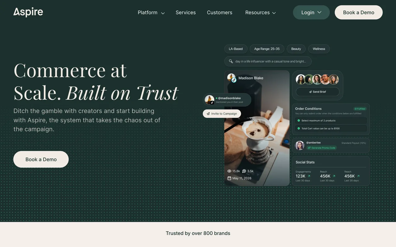 Aspire homepage showing its influencer marketing and UGC platform