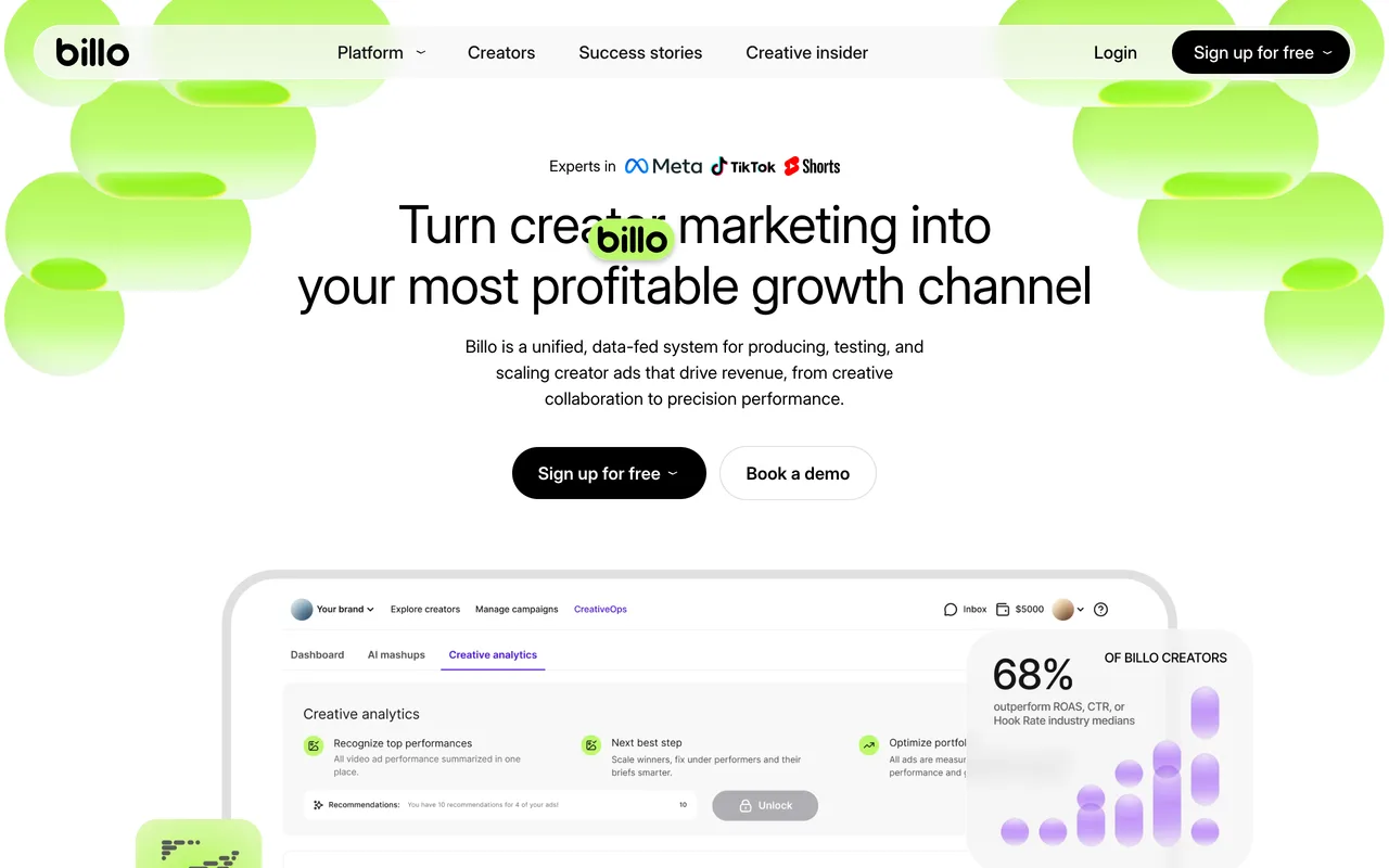Billo homepage showing its pay-per-video UGC creator marketplace