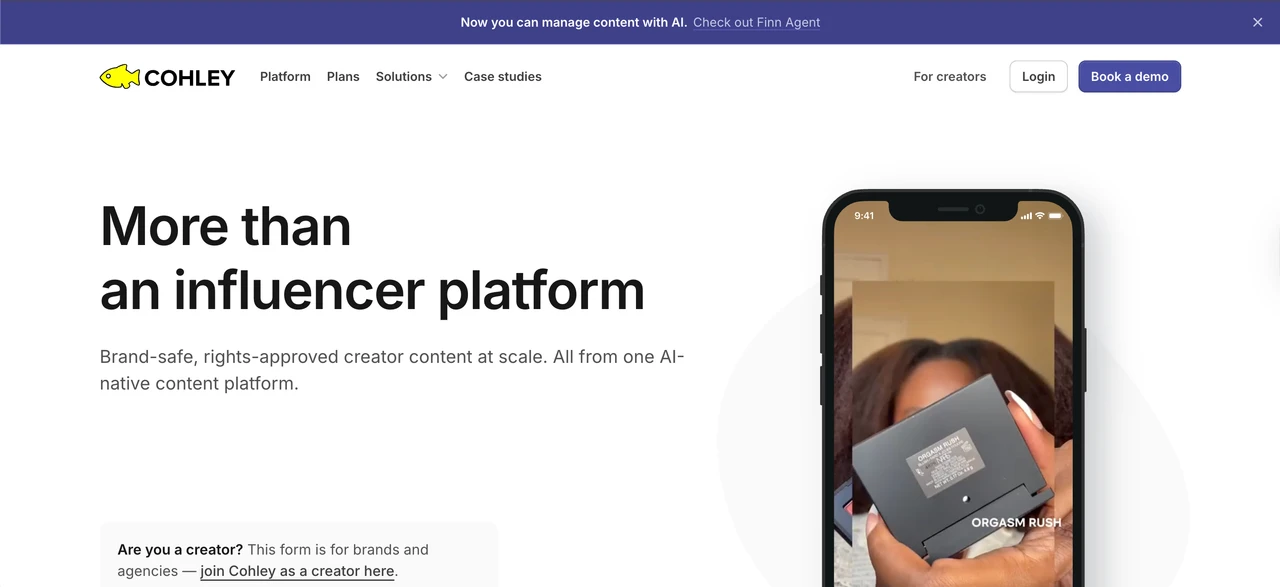 Cohley homepage showing its enterprise creator content platform