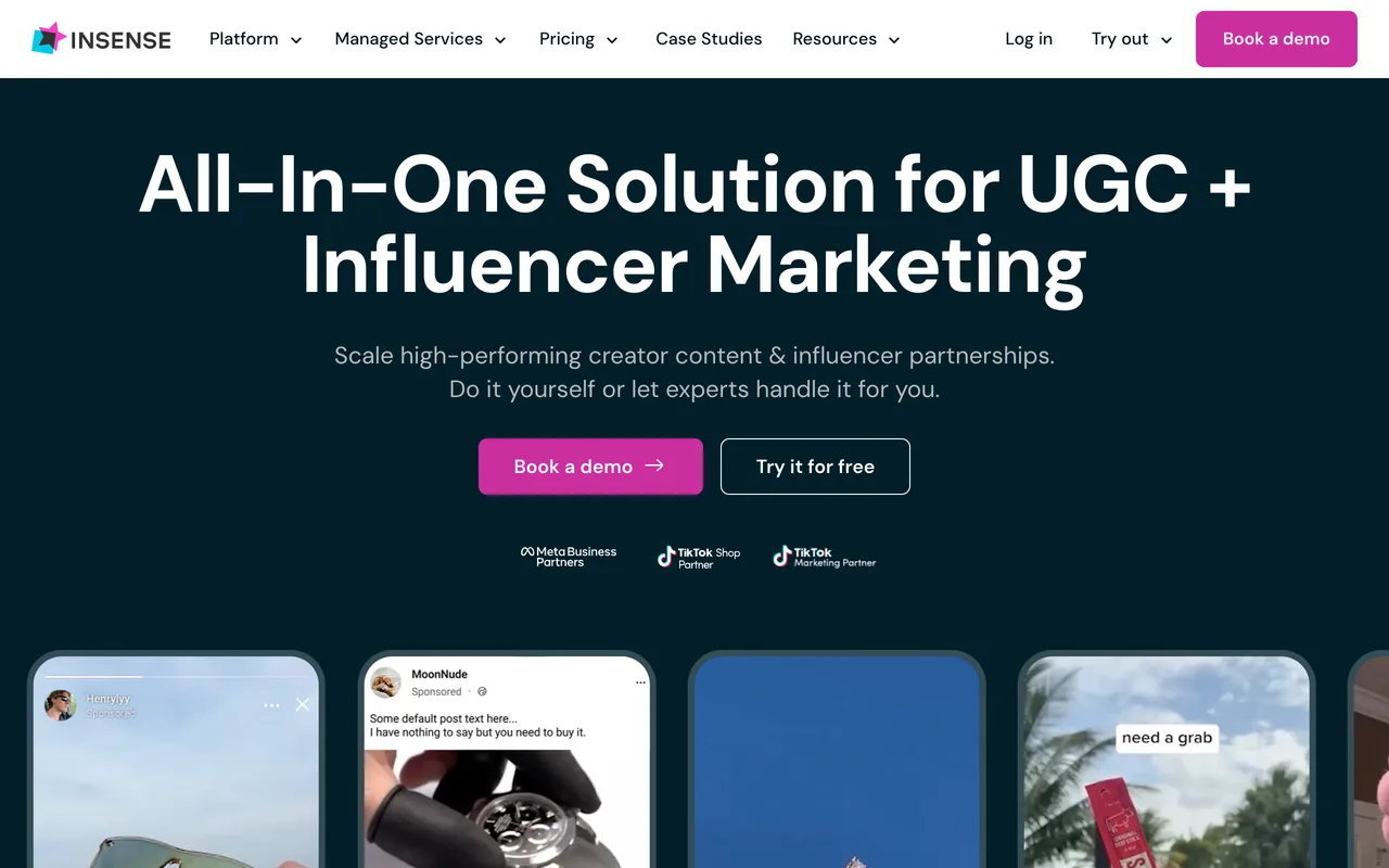 Insense homepage showing its influencer and UGC platform for Shopify brands