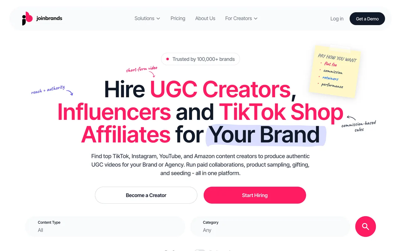 JoinBrands homepage showing its UGC creator marketplace