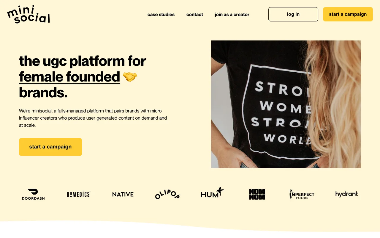 Minisocial homepage showing its fully managed micro-influencer UGC service