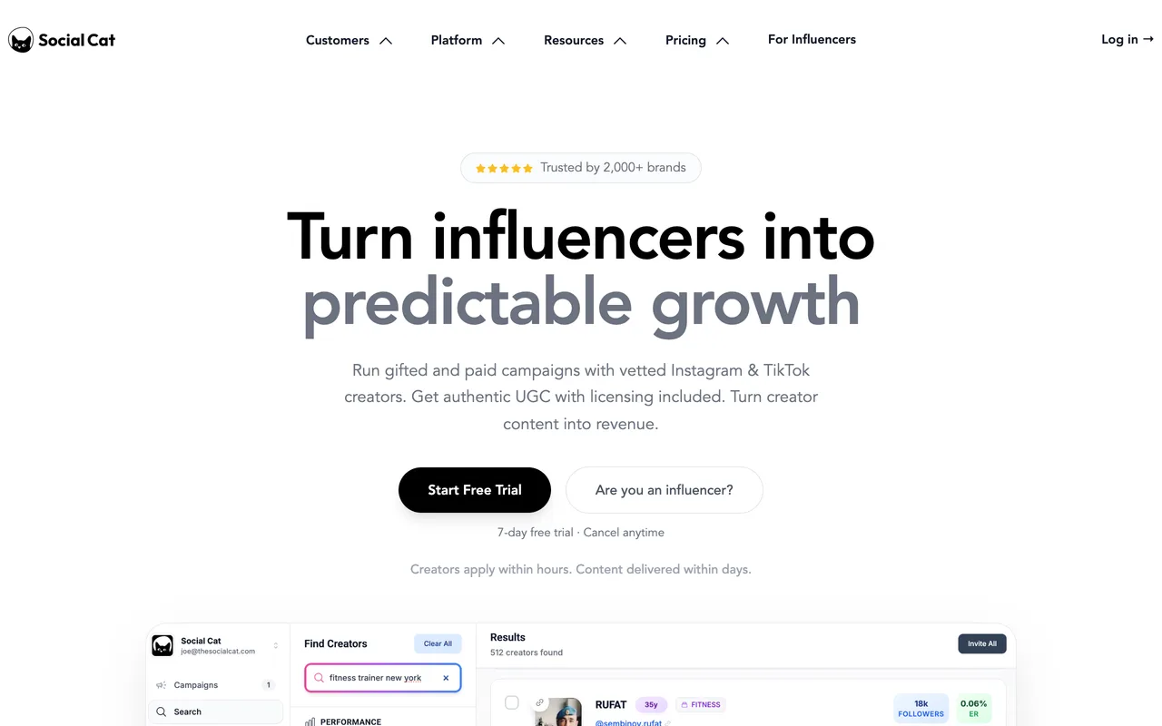 Social Cat homepage showing its micro-influencer and UGC platform