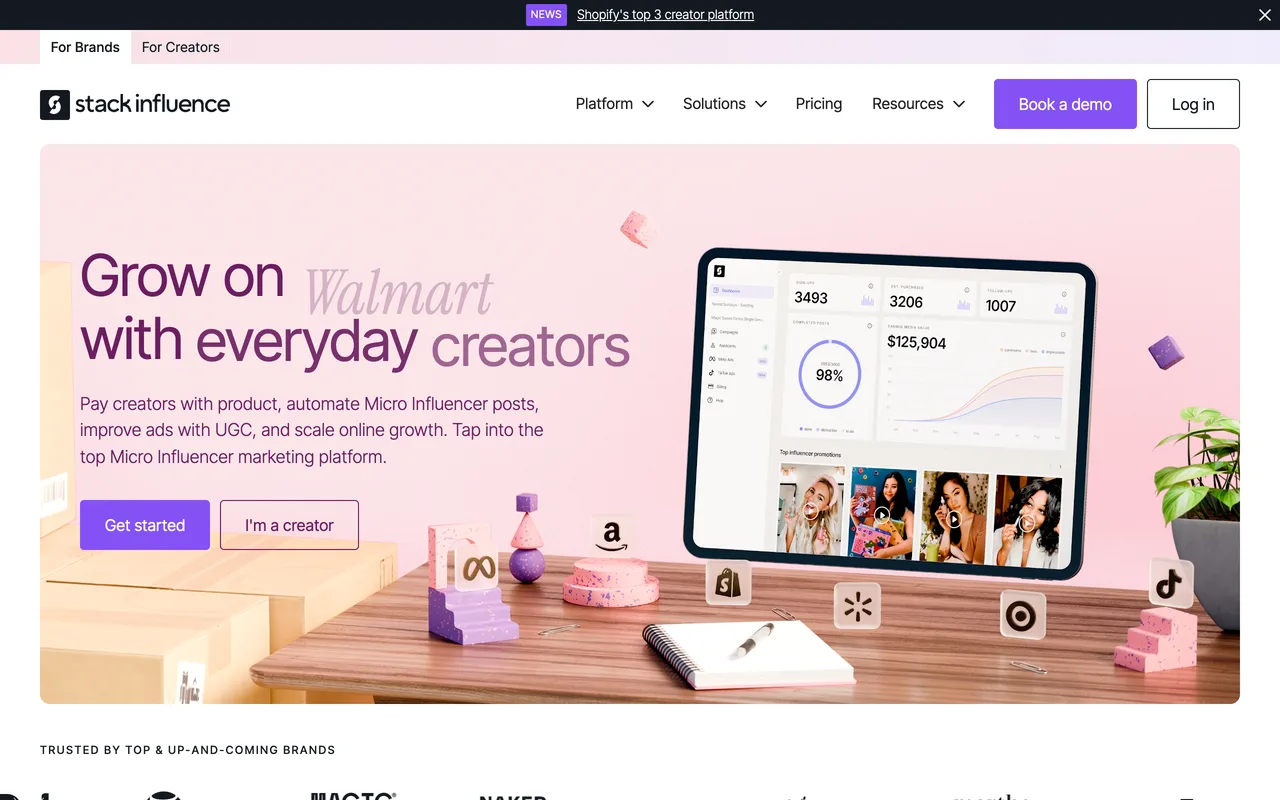 Stack Influence homepage showing its product-gifting micro-influencer platform