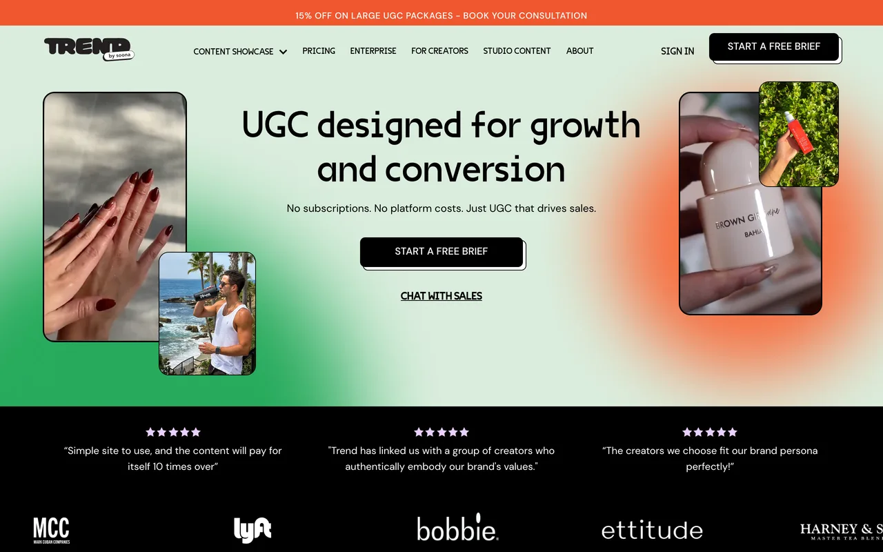 Trend, now soona UGC, homepage showing its pay-per-video UGC content platform