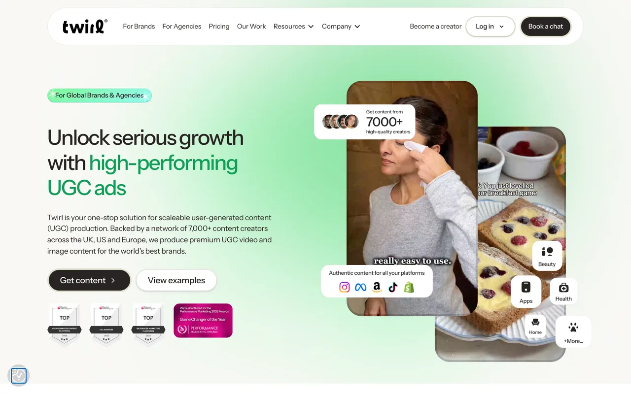 Twirl homepage showing its UGC creator videos for global brands and agencies