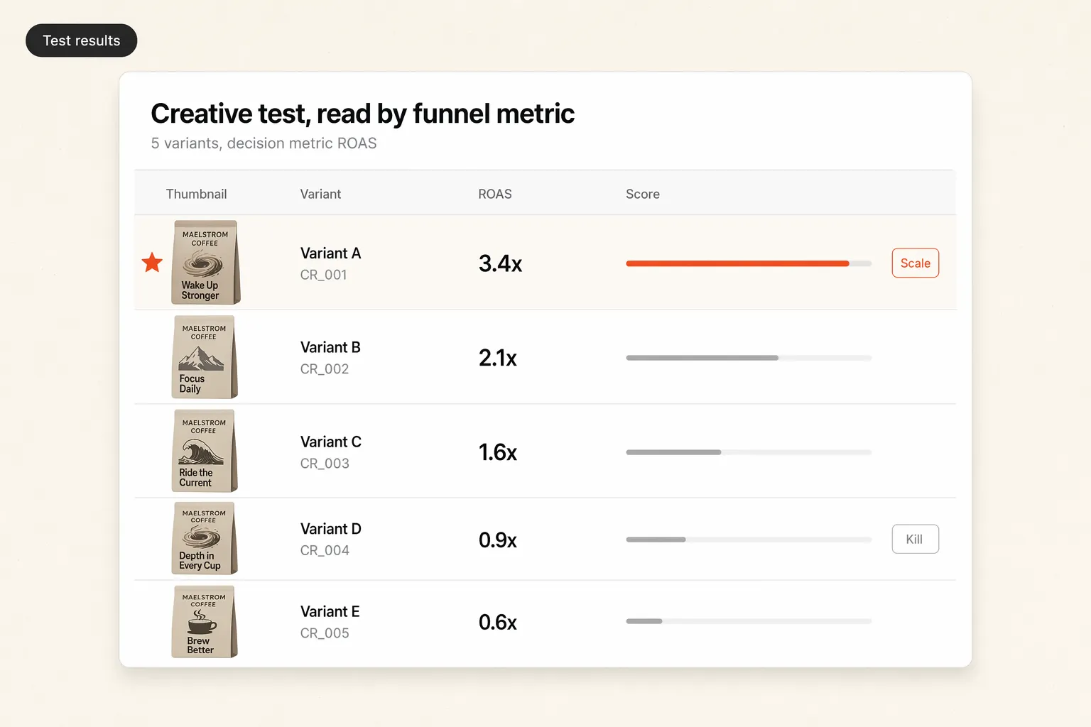 Reading creative test results by ROAS to scale the winner and kill the rest