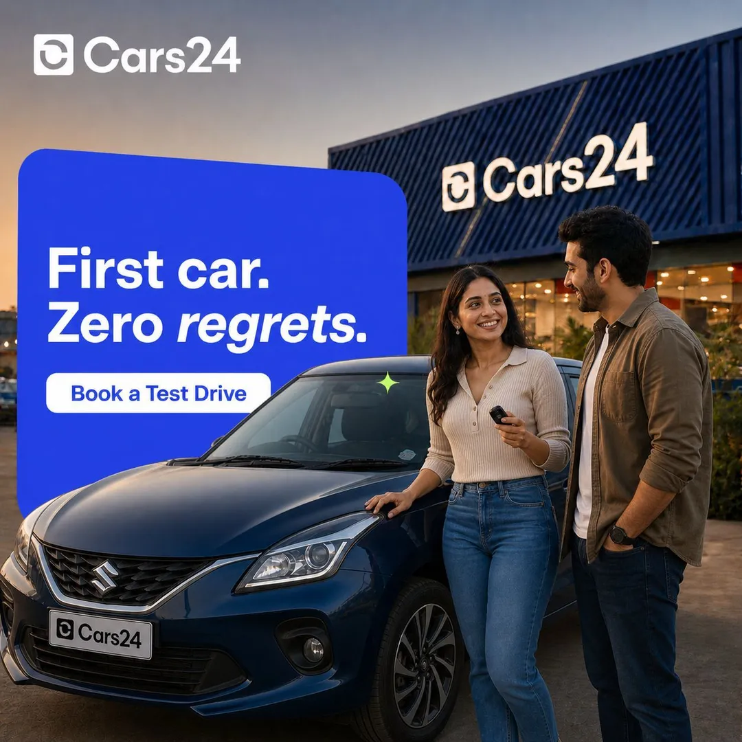 First car · book a test drive — Cars24 creative made with Hawky