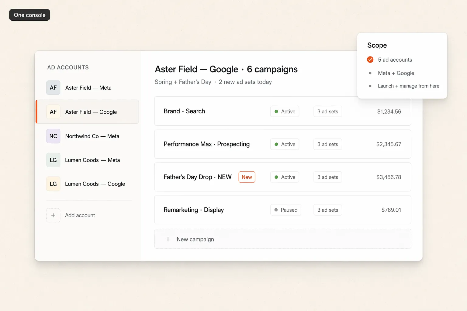 One console listing multiple Meta and Google ad accounts with nested campaigns and ad sets
