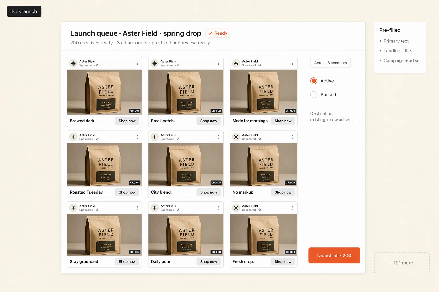 Bulk launching many creatives into one ad set so Meta and Google's algorithm tests them across the audience