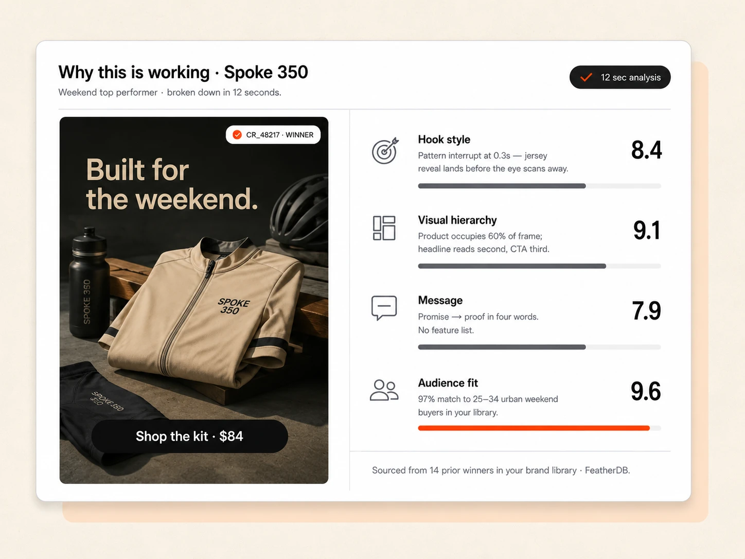 Copilot performance breakdown — hook, hierarchy, message, audience fit