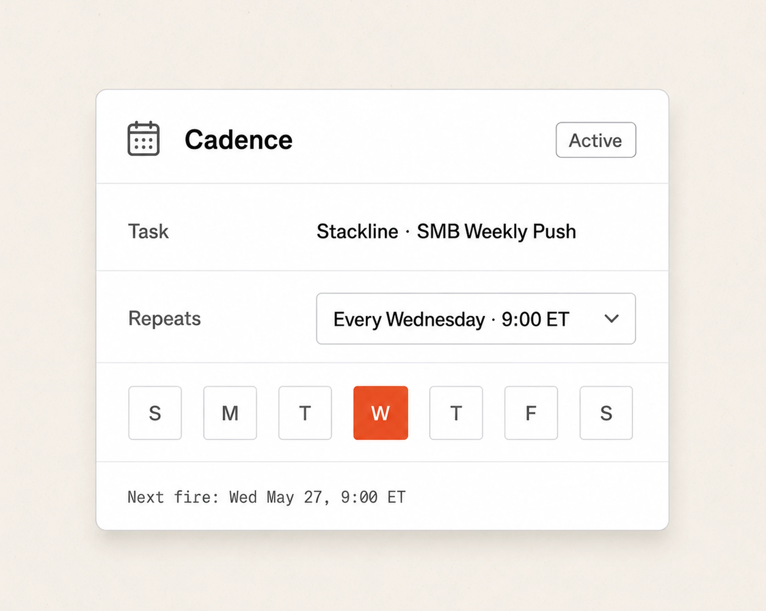 Cadence picker -Stackline · SMB Weekly Push, repeats every Wednesday at 9:00 ET